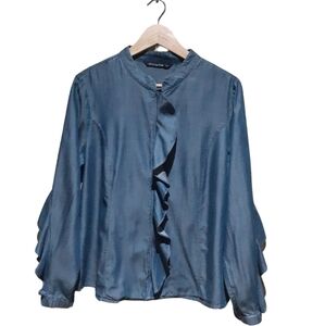 Coco Y Club CYC Women's Ruffle Tencel Top Blue Chambray Size Largr